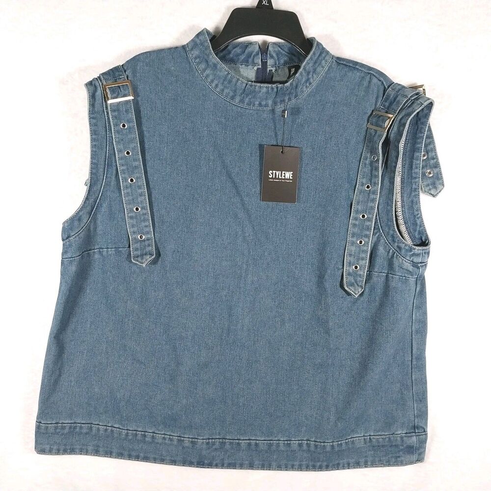 Stylewe Denim Vest Top Womens 2XL 2X Mock Neck Strap Sleeveless Blouse #E100